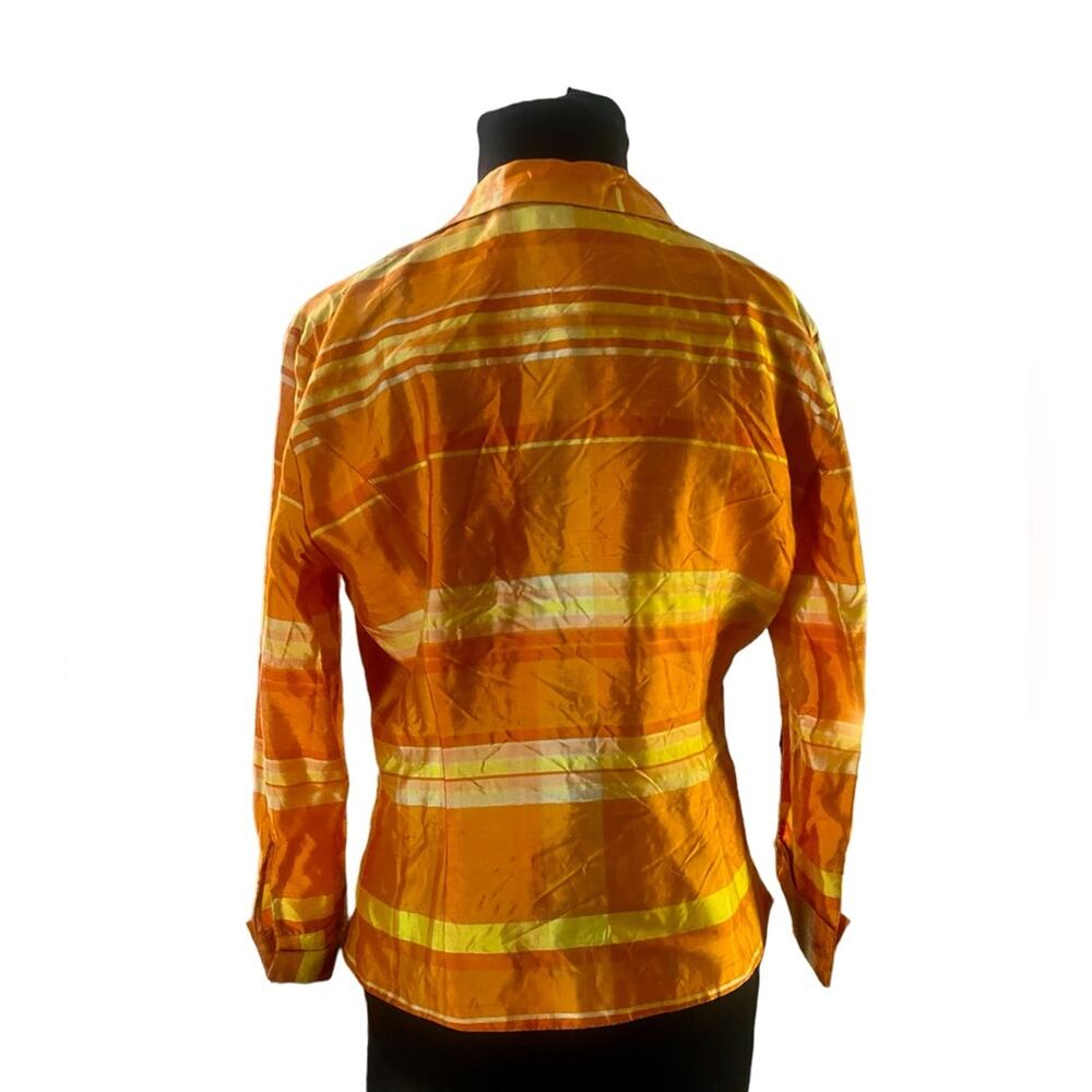 Vtg 90s Silk Orange Plaid Stripe Boxy Button Front Retro Preppy Colorful Blouse - Picture 4 of 7